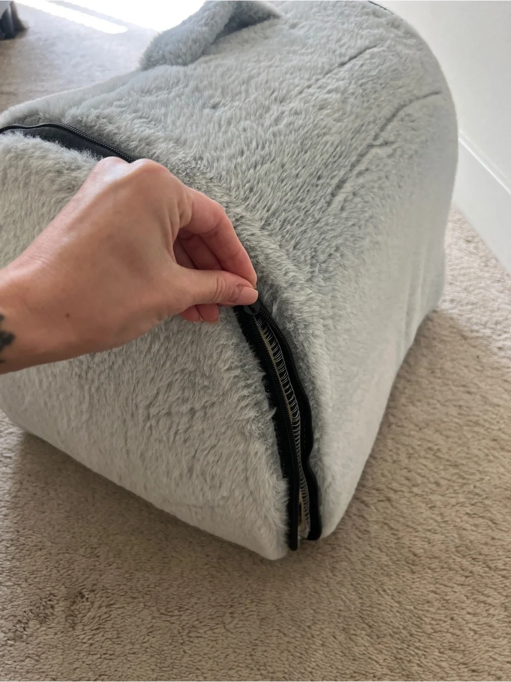 Cozy Gray Plush Pet Cave Bed with White Trim